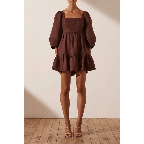 NWT Shona Joy Marlene Linen Open Back Mini Dress in Chocolate - Picture 2 of 9